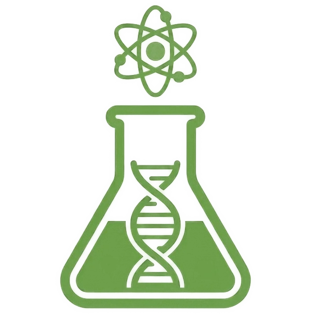 icon of chemistry test tube with atom particles on it and a DNA chain in the tube